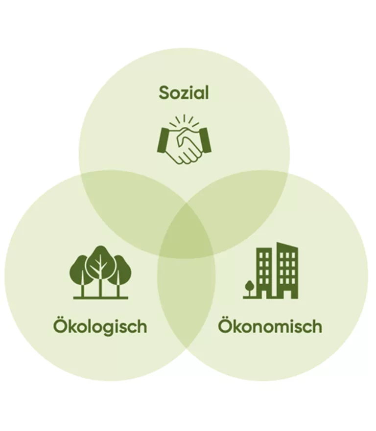 Darstellung der drei Dimensionen: sozial, ökologisch und ökonomisch.