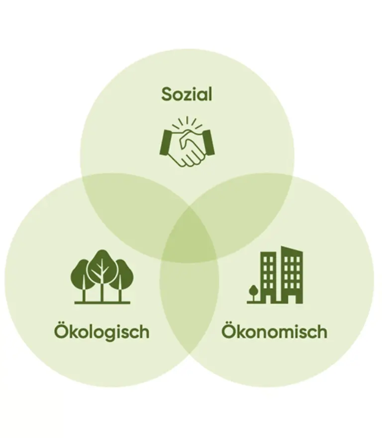 Darstellung der drei Dimensionen: sozial, ökologisch und ökonomisch.